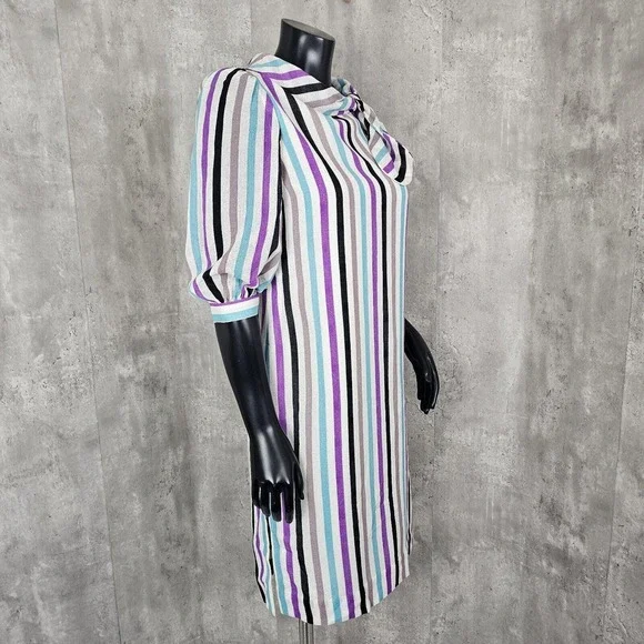 Vintage‎ Handmade Colorful Vertical Striped Linen Half Sleeve Shift Dress - Picture 7 of 9
